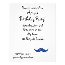 blue glitter moustache personalized invite