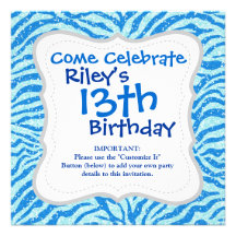 Blue Glitter Print Zebra Stripe Bling Pattern Invitations