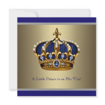 Blue Gold Crown Little Prince Boy Baby Shower Invitations