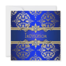 Blue Gold Damask Royal Blue Party Announcement