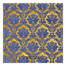 Blue Gold Damask Wedding Monogram Invitation