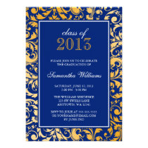 Blue Gold Swirl Damask Graduation Announcement invitations