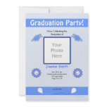 Blue Graduation Photo Smiley Flowers and Caps invitations