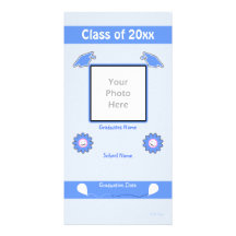 Blue Graduation Smiley Flowers and Caps Photo Card Template