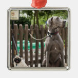 Blue Great Dane and pug dogs on leashes Christmas Tree Ornaments