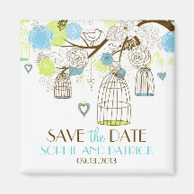 Blue & Green Birdcages Floral Save the Date Magnet