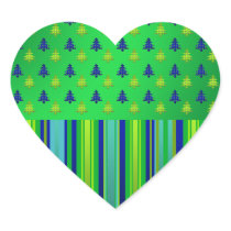 Blue green Christmas trees on blue stripes Heart Sticker