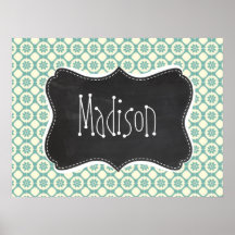Blue-Green & Cream Floral; Vintage Chalkboard Print