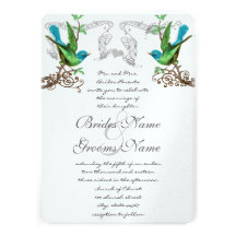 Blue & Green Vintage Birds Wedding Invite