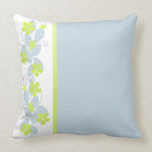 Blue-Grey Accent Pillow with Chartreuse Flowers