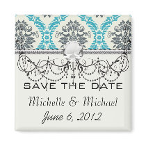 blue grey and cream elegant damask refrigerator magnets