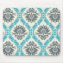blue grey and cream elegant damask mousepad