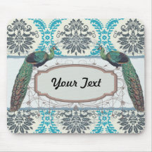 blue grey and cream elegant damask peacocks mousepad