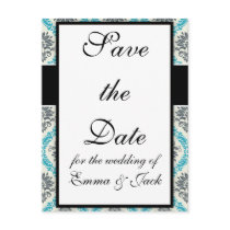 blue grey and ecru cream elegant damask post card