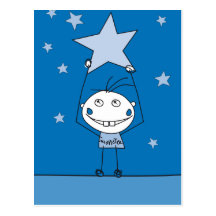 blue happy monster is catching a falling star post card