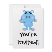 blue hippo cute character personalized invitation