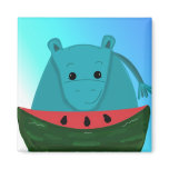 Blue Hippopotamus with Watermelon Slice Refrigerator Magnets