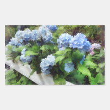 Blue Hydrangea on White Fence Rectangular Stickers