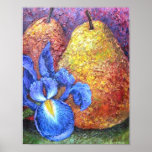 Blue Iris And Fruit Pear Painting Art - Multi posters