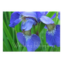 Blue irises flower wedding reception invitations.