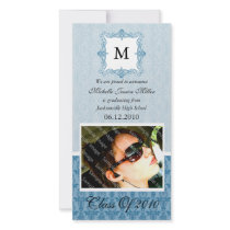 Blue Lace Damask Initial Graduation Photo Card