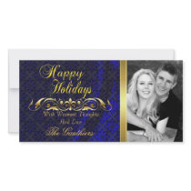 Blue Lace Silk & Gold Scroll Holiday Photo Card
