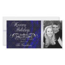 Blue Lace Silk & Silver Scroll Holiday Photo Card