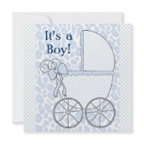Blue Leopard Baby Carriage Baby Boy Shower Personalized Announcements