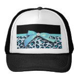 Blue leopard print ribbon bow graphic mesh hats