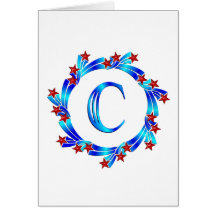 Blue Letter C Monogram Red Stars Card