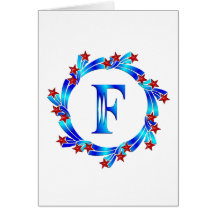 Blue Letter F Monogram Red Stars Card