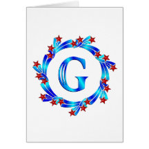 Blue Letter G Monogram Red Stars Greeting Cards