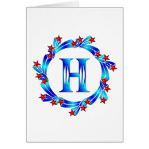 Blue Letter H Monogram Red Stars Greeting Cards
