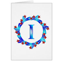 Blue Letter I Monogram Red Stars Cards