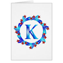 Blue Letter K Monogram Red Stars Cards