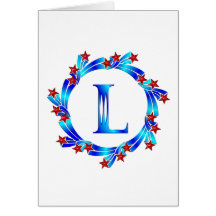 Blue Letter L Monogram Red Stars Greeting Card