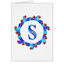 Blue Letter S Monogram Red Stars Greeting Card