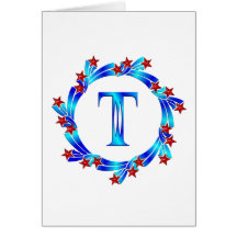 Blue Letter T Monogram Red Stars Greeting Cards