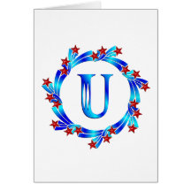 Blue Letter U Monogram Red Stars Greeting Card