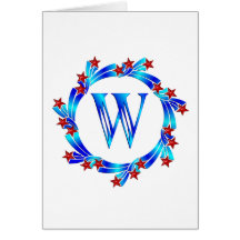 Blue Letter W Monogram Red Stars Greeting Card