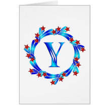 Blue Letter Y Monogram Red Stars Greeting Cards