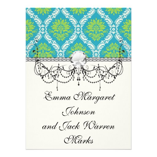 blue lime green and cream ornate damask personalized invitation