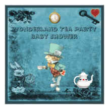 Blue Mad Hatter Wonderland Tea Party Baby Shower Personalized Invitations