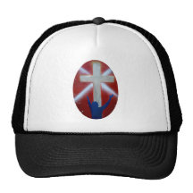 Blue Man raises arms up to cross on red back Trucker Hats