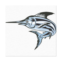 Blue Marlin Fish Jumping Retro Gallery Wrapped Canvas