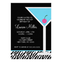 Blue Martini and Zebra Pattern Personalized Invites