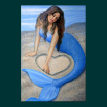 Blue Mermaid Art, Heart in the Sand Poster Print posters