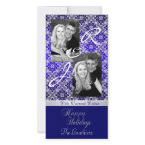 Blue Monogram Lace Holiday Ribbon Photo Card