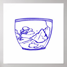 blue outline pot with bonsai and mountain print