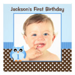 Blue Owl Brown Polka Dots 1st Birthday Boy Photo Personalized Invites